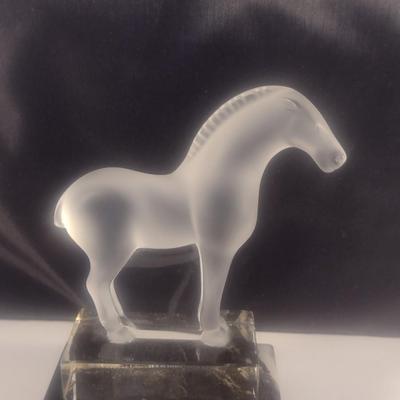 Lalique Crystal Horse Figurine Mounted on Black Marbled Base