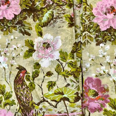 2 Curtain Panels Birds and Roses Green & Pink