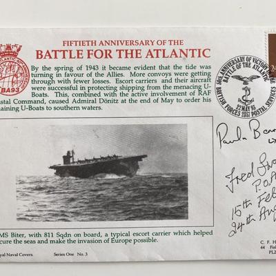 WWII 50th Anniversary Battle for the Atlantic . HMS Biter . Signed Cover autographed by PD Fred Swain and LT PM Bennett