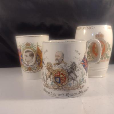 Set of Three Antique Coronation Mugs and Mustache Cups