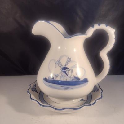 Vintage Ceramic Delft Blue Holland Hand-Painted Pitcher and Underplate Set