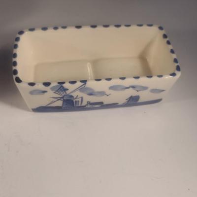 Vintage Ceramic Delft Blue Holland Hand-Painted Egg Cups and Caddy