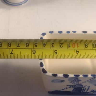 Vintage Ceramic Delft Blue Holland Hand-Painted Egg Cups and Caddy