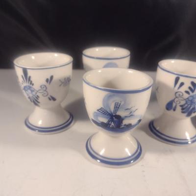 Vintage Ceramic Delft Blue Holland Hand-Painted Egg Cups and Caddy