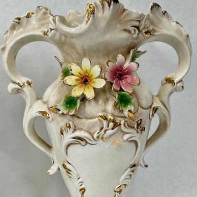 Vase Pair Capodimonte Porcelain Large Vases floral pink yellow white double handles Mantle Decor signed by artist