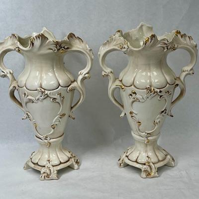 Vase Pair Capodimonte Porcelain Large Vases floral pink yellow white double handles Mantle Decor signed by artist