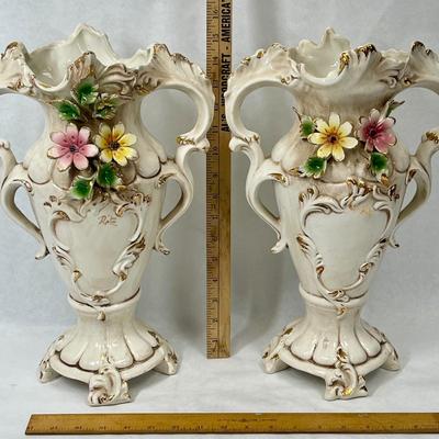 Vase Pair Capodimonte Porcelain Large Vases floral pink yellow white double handles Mantle Decor signed by artist