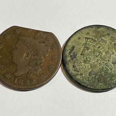 1-Damaged/1-Corroded Condition 1822 & 1852 U.S. Large Cents as Pictured.