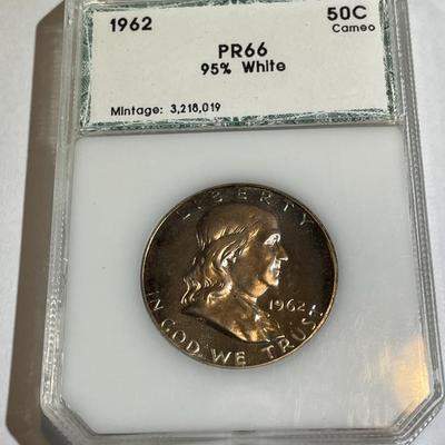 PCI Certified 1962 Proof-66 Cameo Lightly Toned Silver Franklin half Dollar as Pictured.