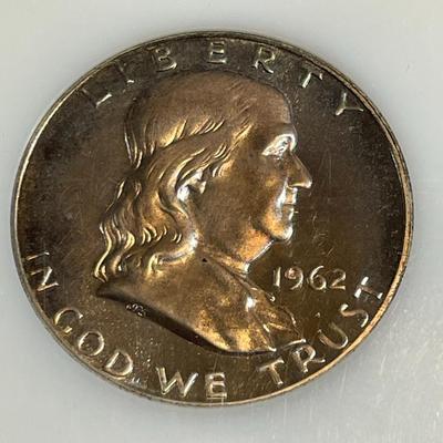 PCI Certified 1962 Proof-66 Cameo Lightly Toned Silver Franklin half Dollar as Pictured.