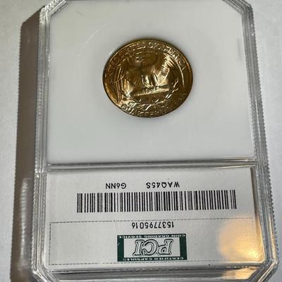 PCI Certified 1945-S MS65 Lightly Toned Silver Washington Quarter as Pictured.