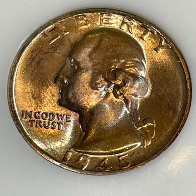 PCI Certified 1945-S MS65 Lightly Toned Silver Washington Quarter as Pictured.