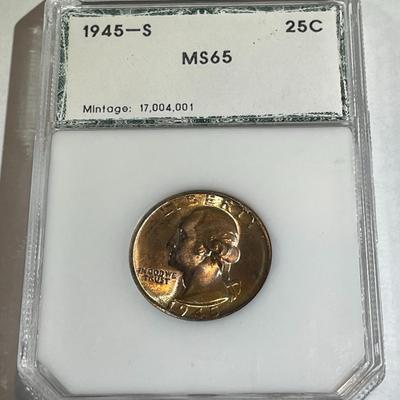 PCI Certified 1945-S MS65 Lightly Toned Silver Washington Quarter as Pictured.