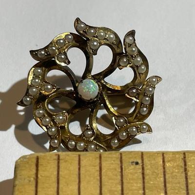 Antique Dainty 14K Opal & Seed Pearl Pin 1.8 Pennyweights in Good Preowned Condition.