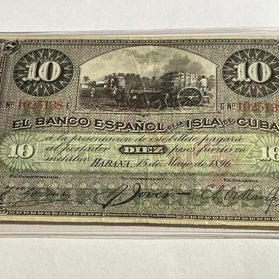 Scarce Cuba 1896 Nice Circulated Condition 10-Peso Currency/Banknote as Pictured.