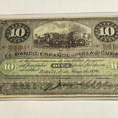 Scarce Cuba 1896 Nice Circulated Condition 10-Peso Currency/Banknote as Pictured.