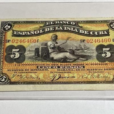 Scarce Cuba 1896 Nice Circulated Condition 5-Peso Currency/Banknote as Pictured.