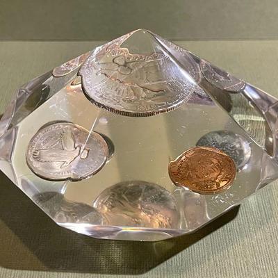 Vintage Diamond Shaped Lucite Silver Coin Paperweight 3.5" x 3.5" in Good Preowned Condition.