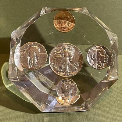 Vintage Diamond Shaped Lucite Silver Coin Paperweight 3.5" x 3.5" in Good Preowned Condition.