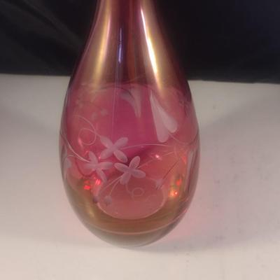 Vintage Cranberry Glass Teardrop Decanter with Cut Floral Pattern