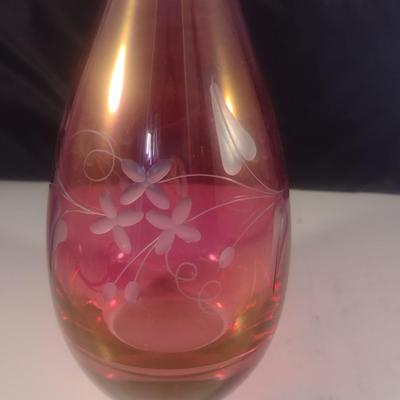 Vintage Cranberry Glass Teardrop Decanter with Cut Floral Pattern