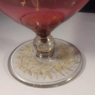 Vintage Cranberry with Gilded Design Moser Style Bohemian Footed Glass Bowl