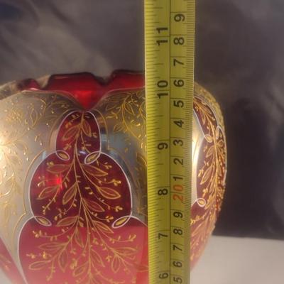 Vintage Cranberry with Gilded Design Moser Style Bohemian Footed Glass Bowl