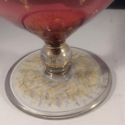 Vintage Cranberry with Gilded Design Moser Style Bohemian Footed Glass Bowl