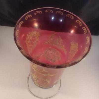 Vintage Cranberry with Gilded Design Moser Style Bohemian Footed Glass Vase