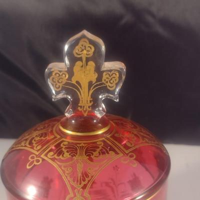 Vintage Cranberry with Gilded Design Moser Style Bohemian Lidded Glass Dish