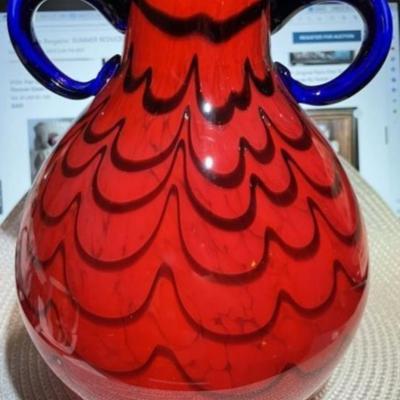 Vintage Mid-Century Murano Style 9.25" Tall Unsigned Art Glass Double Handled Vase in VG Preowned Condition. (Heavy).