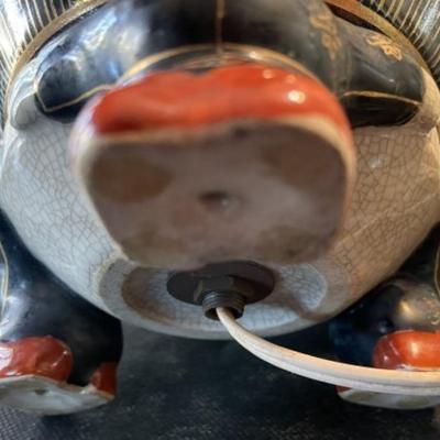 Vintage Mid-Century Murray Feiss Signed Table Lamp Ginger Jar with Unusual 3-Monks/Gods Base 12" Tall to the Top of the Jar.