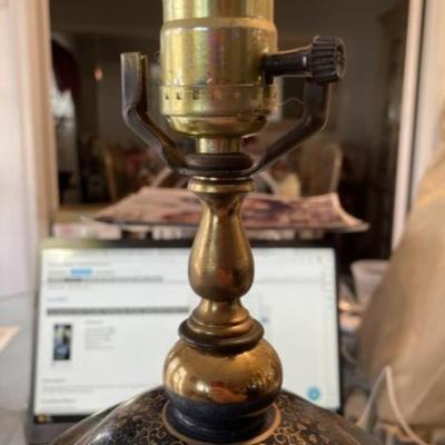 Vintage Mid-Century Murray Feiss Signed Table Lamp Ginger Jar with Unusual 3-Monks/Gods Base 12" Tall to the Top of the Jar.