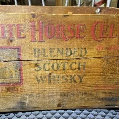 Vintage White Horse Cellar Scotch Whiskey Wooden Crate Box 16.5" x 12" x 9" in Good Condition as Pictured.