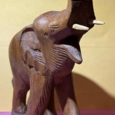 Vintage NORLEANS Thailand Hand Carved Teak Wood Elephant Sculpture Figurine 7" x 10.5" w/Tusks as Pic'd.