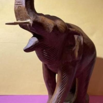 Vintage NORLEANS Thailand Hand Carved Teak Wood Elephant Sculpture Figurine 7" x 10.5" w/Tusks as Pic'd.