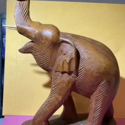 Vintage NORLEANS Thailand Hand Carved Teak Wood Elephant Sculpture Figurine 7" x 10.5" w/Tusks as Pic'd.