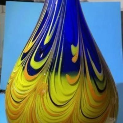 Vintage Art Glass 14.5" Tall & 7" Wide Narrow Neck Vase Preowned from an Estate Colorful and Very Heavy.
