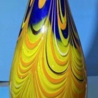 Vintage Art Glass 14.5" Tall & 7" Wide Narrow Neck Vase Preowned from an Estate Colorful and Very Heavy.