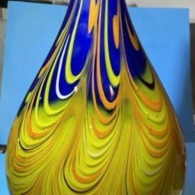 Vintage Art Glass 14.5" Tall & 7" Wide Narrow Neck Vase Preowned from an Estate Colorful and Very Heavy.