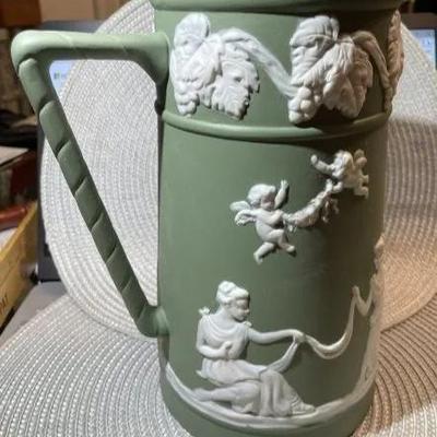 Antique Sage Green Unmarked Base Jasperware Large Pitcher 9" Tall in VG Preowned Condition.