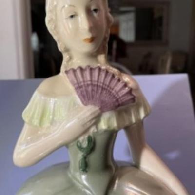 Mid-Century Colonial Dressed Lady Ceramic Hand Painted Figurine 15.75" Tall in VG Preowned Condition.