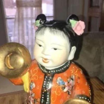 Chinese Moriage Pair of Satsuma 8" Tall Figurines in Very Good Condition Preowned from an Estate Scarce.