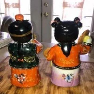 Chinese Moriage Pair of Satsuma 8" Tall Figurines in Very Good Condition Preowned from an Estate Scarce.