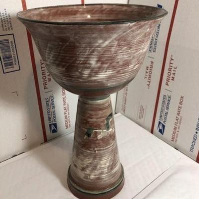 Vintage Scarce Redware Hand Painted Seagulls Pedestal Bowl w/Rattle/Bell Base 10.5" Tall Preowned from an Estate in VG Condition