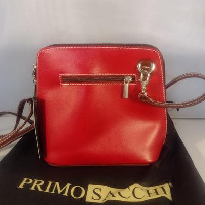 Primo Sacchi Italian Leather Red with Obverse Blue Design Shoulder Bag with Dust Cover