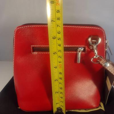 Primo Sacchi Italian Leather Red with Obverse Blue Design Shoulder Bag with Dust Cover