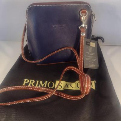 Primo Sacchi Italian Leather Red with Obverse Blue Design Shoulder Bag with Dust Cover