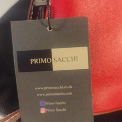 Primo Sacchi Italian Leather Red with Obverse Blue Design Shoulder Bag with Dust Cover