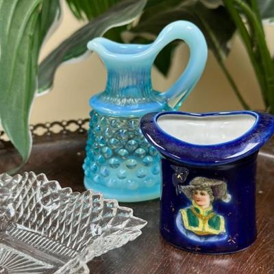 Blue mini glass lot with hob knob mini pitcher